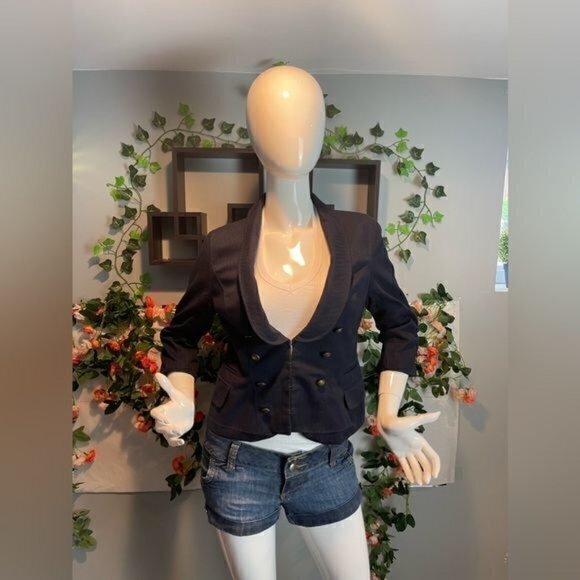 Ann Taylor LOFT Navy Cropped Blazer Jacket Double Breasted Brass Button 8 RefY20 - Picture 4 of 9